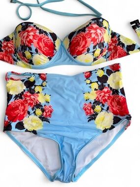 Light Blue Floral High-Waist Bikini Set